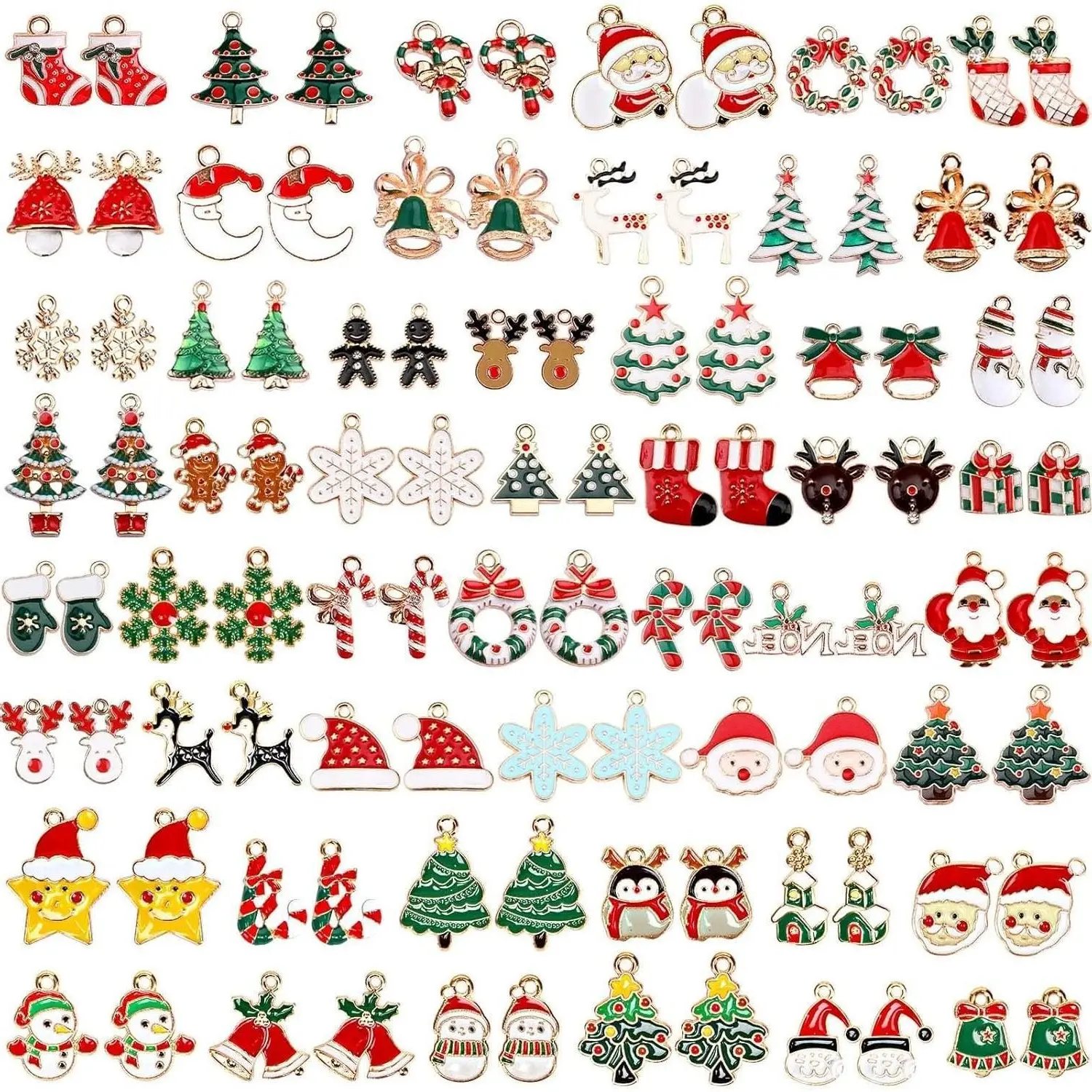 Christmas Charms, 110 Pcs Gold Enamel Zinc Alloy Pendants for Festive DIY Crafts & Unisex Jewelry Making for Bracelets, Necklaces, Earrings, Stockings, Bright Colors Decor, Religion, Ceremony, Colorful Enamel, Beads, 0.4-1 Inch, Classic, Cute, Zinc Medal,