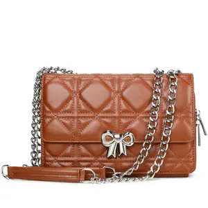Eslcorri Quilted Crossbody Bag for Women, PU Leather Chain Shoulder Purse with Bow Accent & Card Slot