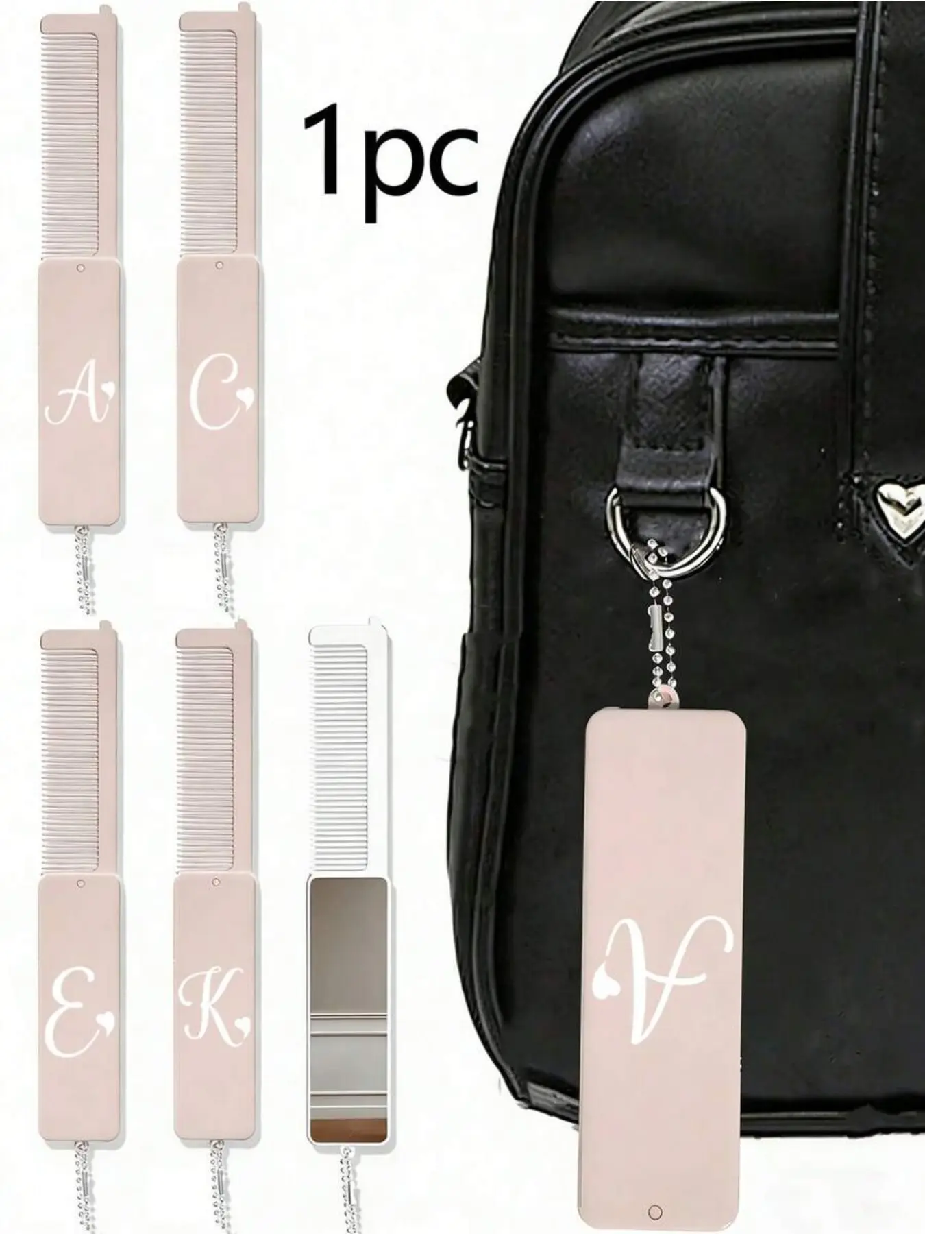 2-in-1 foldable comb with makeup mirror, featuring A-Z letter print. Portable keychain design with lanyard, ideal as bag charm for ladies and girls. Practical styling tool for all hair types, perfect for outdoor, office and travel use.