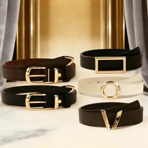 5 Pack Women's Everyday Versatile Belts, Classic Gold Multi Buckle Styles Pin Square Round V Buckle Waist Belts for Women, Adjustable All-Match Belts for Jeans Dresses Daily Casual Work Outfits, Multi Neutral Colors Fit Most Waist Sizes
