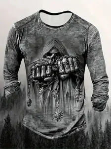 Gothic Chain & Fist Print Top, Winter Dark Style Casual Fitted Long Sleeve Tee, Soft Fabric, Street Fashion Art Print Shirt