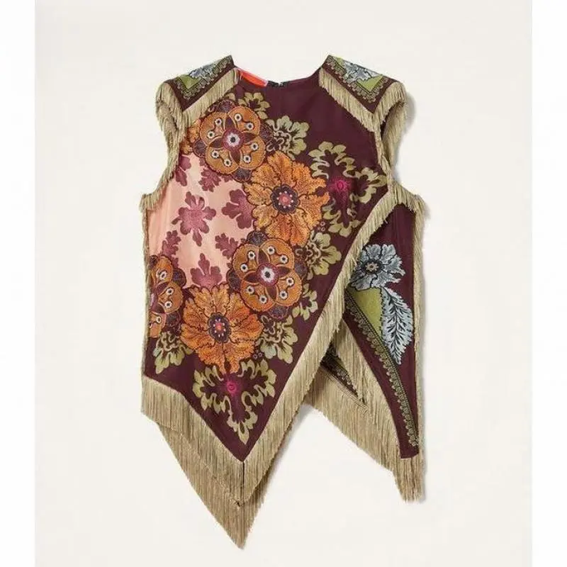 ERLYRA Casual retro printed sleeveless layering vest featuring perimeter fringe embellishment, intricate vintage floral patterns, asymmetrical triangular wrap hem, wrinkle-resistant silky fabric