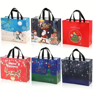 Large Reusable Non-Woven Christmas Tote Gift Bags, 6/12pcs Set, Santa Snowman Reindeer Designs, Perfect for Holiday Parties & Gifts, Gift Packs