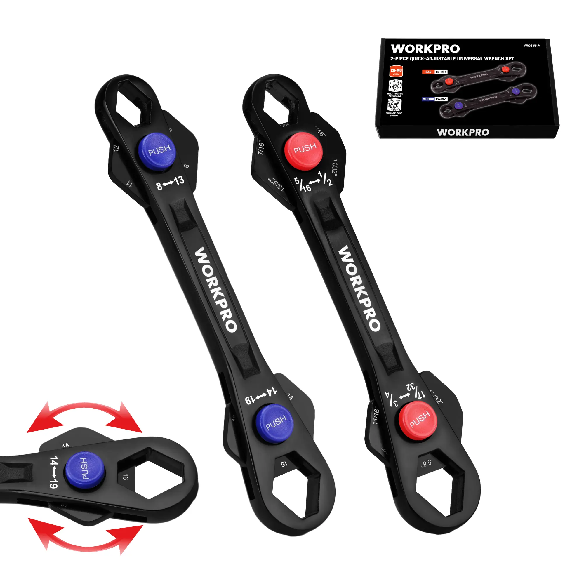 #fathersdaygift WORKPRO 12-in-1 Universal Wrench, Adjustable Wrench with Heat-Treated Cr-Mo Steel, ASME Standard, Multi-Position Head, Multi-Size Compact Spanner for Mechanics, Cars, and Motorcycles