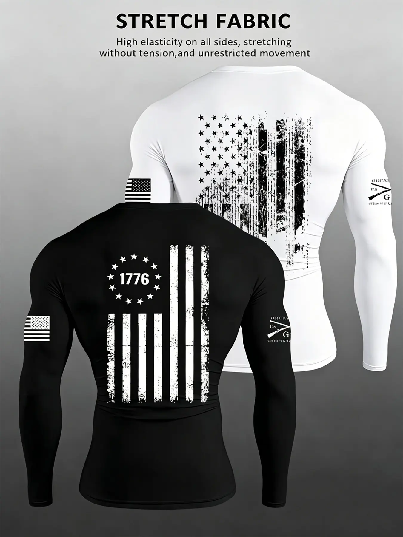 Men's 2-Pack 1776 Usa Flag Print Fitted Quick-Dry Long Sleeve T-Shirts, High Elastic Compression Fitness Top, Sporty Athletic Wear