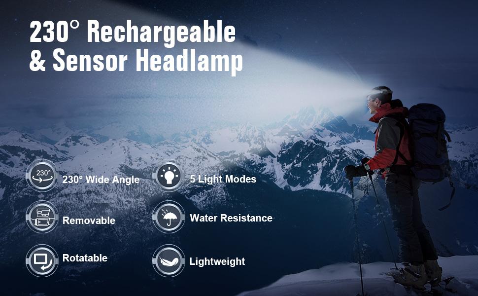 BIAT LED Headlamp Rechargeable 3PCS, 230° Wide Beam Headlight with Motion Sensor, 90° Rotation and Removable Head Lights for Forehead, 5Mode Head Lamp for Adults, Camping Essentials Gear for Hiking