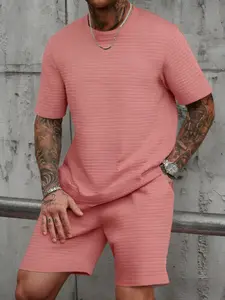 Men's Plus Size Casual Classic Waffle Fabric Shorts Set, Comfortable Everyday Vacation Wear, Simple Design, Perfect for Daily Use