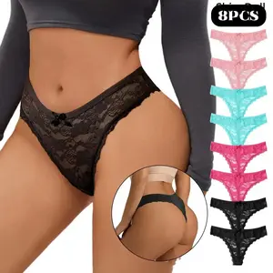 4/8 Pack Women's Seamless Thongs - No Show Lace Breathable Underwear