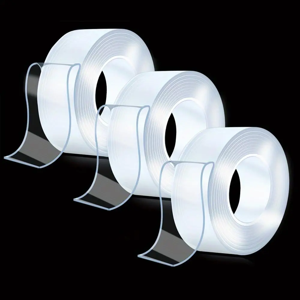 Clear Double Sided Nano Tape, 3 Rolls Reusable Washable Adhesive Tape, Strong Sticky Installation Hanging Tape for Home and Office