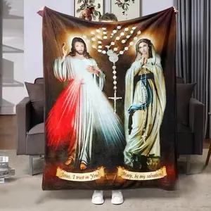 Holy Jesus Mother Religious Spirituality Flannel Blanket, Warm Knitted Throw for Sofa Bedroom Living Room Decor, Perfect Gift for Friends Family