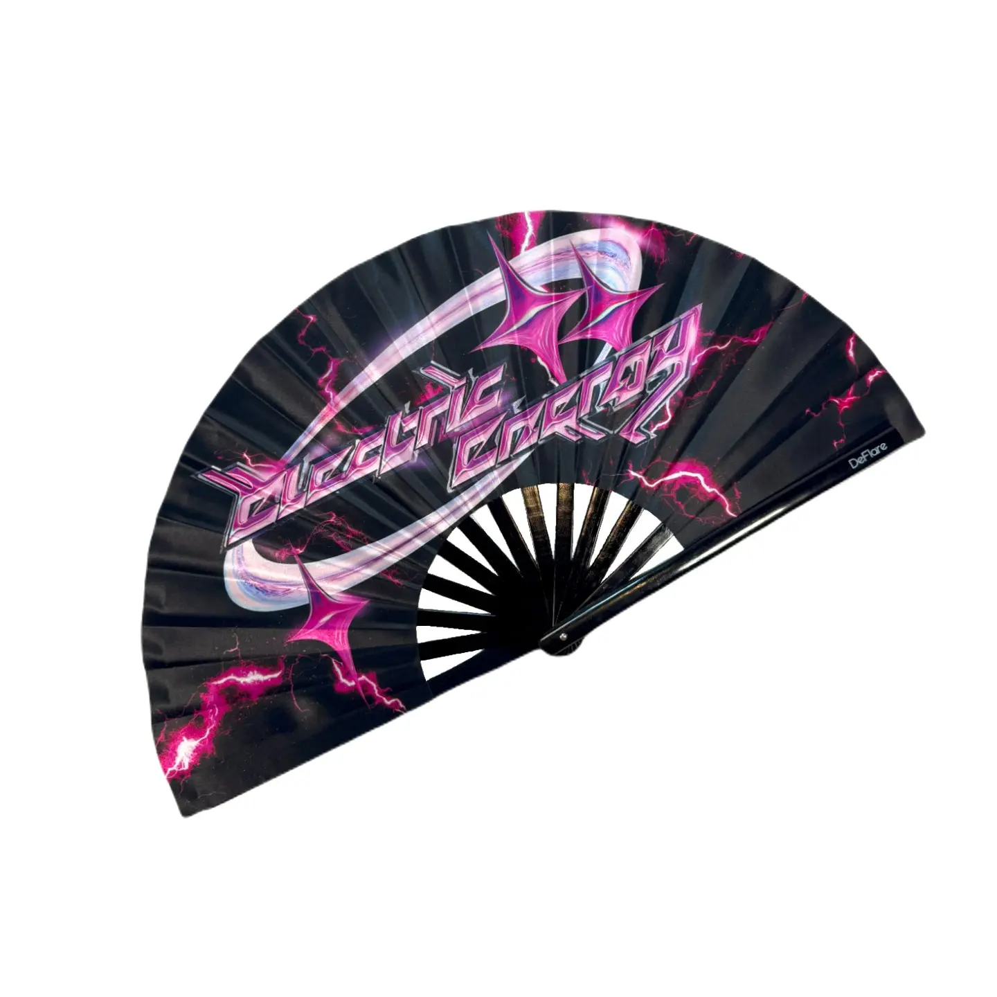Electric Energy Rave Fan - Neon Pink Lightning Bolts, Futuristic Chrome Lettering, Portable Folding Fan for Rave & Festival Decor
