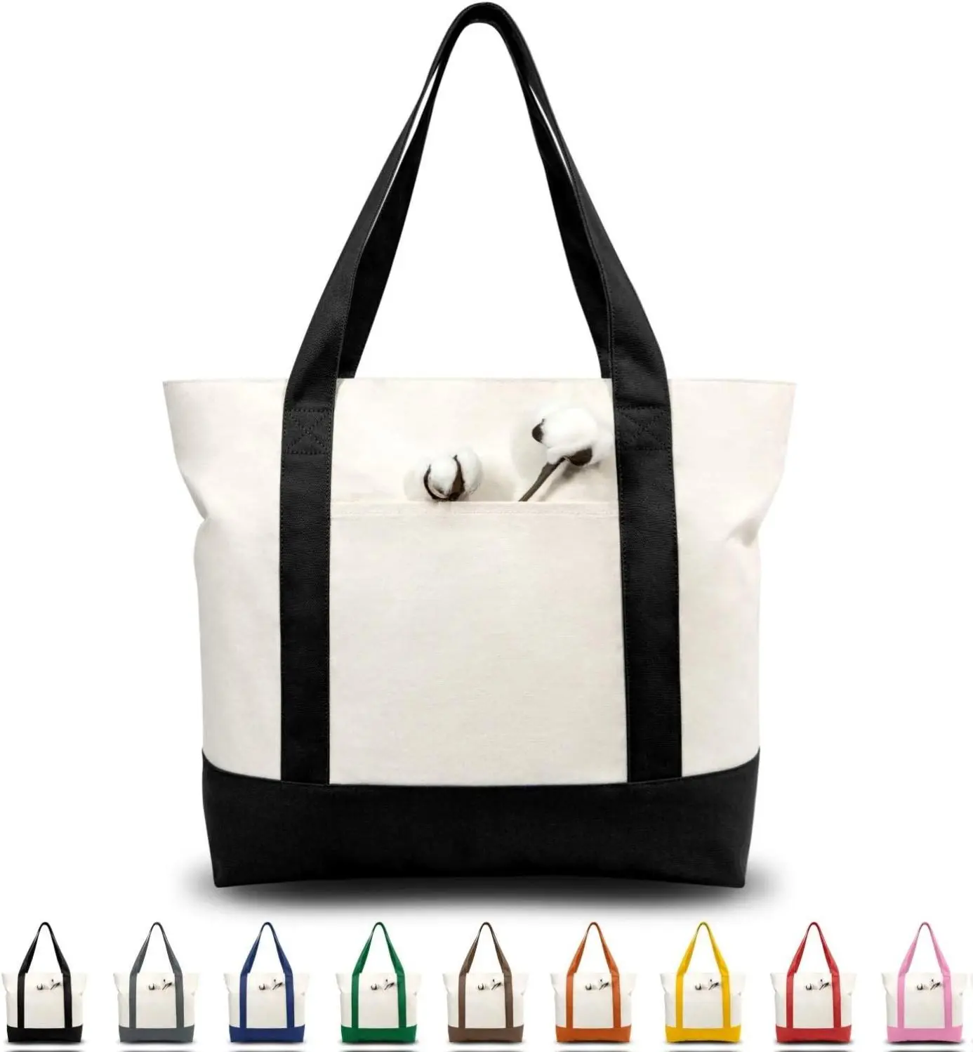 1 | 3 | 6 | 30 Pack Canvas Tote Bag with an External Pocket, Reusable Grocery Shopping Bag, Top Zipper Closure, Daily Essentials (Black/Natural Pack of 1)