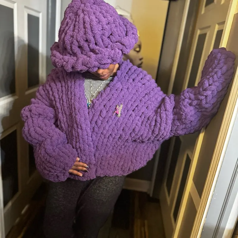 Cardi - Purple Chunky Knit Sweater with Hood and Embroidered Logo for Cozy Style Knitwear Womenswear Cardigans Knitting