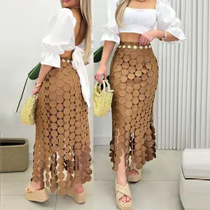 ChicMe Women's Hollow-out Boho Valentine's Day Tassel Slim Fit Bodycon Wedding Guest Long Wedding Skirt