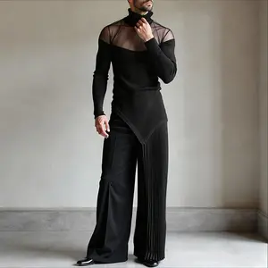 INCERUN High Fashion Men's Mesh Patchwork Knitwear Turtleneck Asymmetric Hem Long Sleeve Top