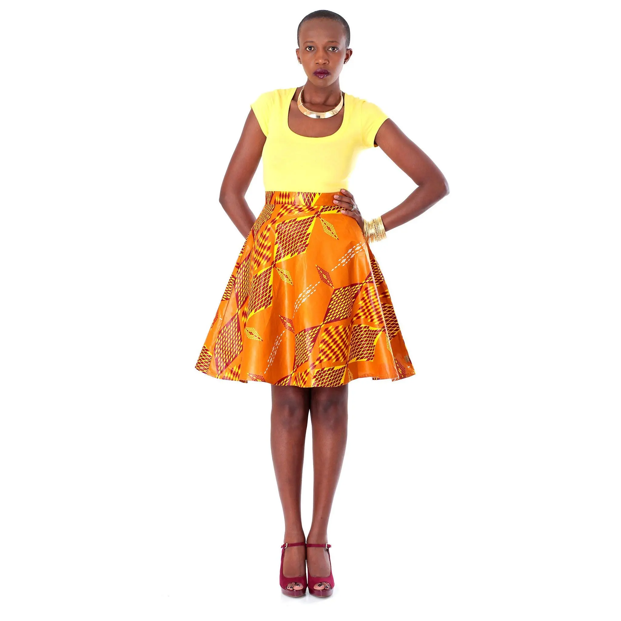 African A-line Midi Flare Skirt-Golden Brown, Yellow and Burnt Maroon Red Diamond Print