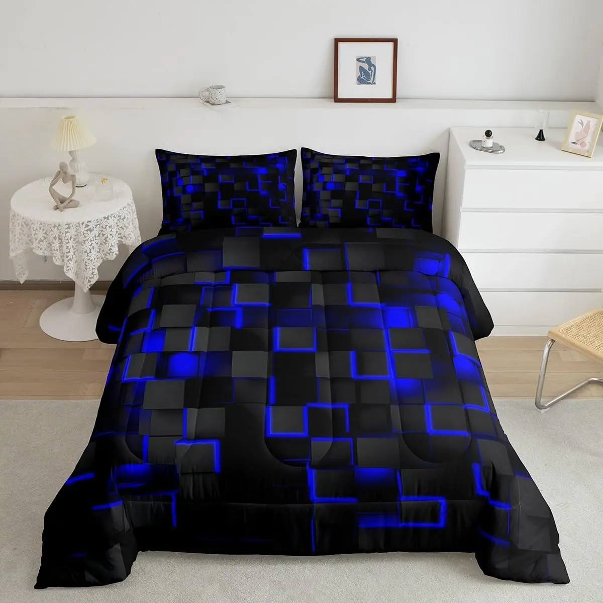 Feelyou Luxury Blue and Black Microfiber Decorative Bedding Set - Queen Size, Digital Print Geometric Shapes, Modern Super Soft Machine Washable Duvet Set, Microfiber Bedding Set