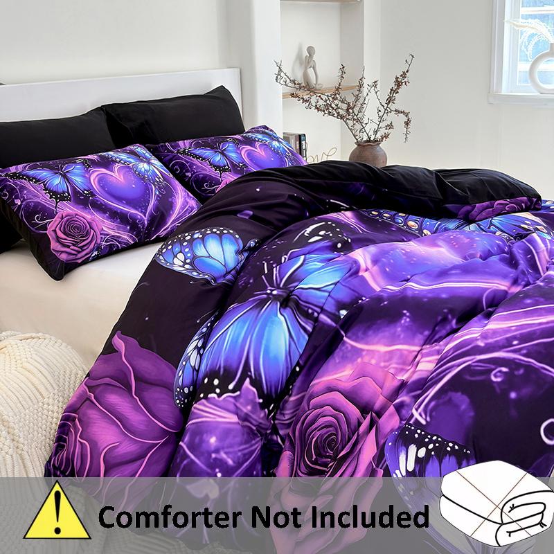 Elegant 3D Butterfly & Rose Bedding Duvet cover Set - Breathable Polyester Fabric with Zipper Closure, Machine Washable, All-Season Comfort - Includes 1 Duvet Cover and 2 Pillowcases (Without Pillow Core)