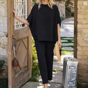 Songling Women Casual Two Piece Outfits 3/4 Batwing Sleeve Capelet CrewNeck Pullover Top Wide Leg Pants Lounge Sets Sweatsuit 2 piece sets women Womenswear Clothes