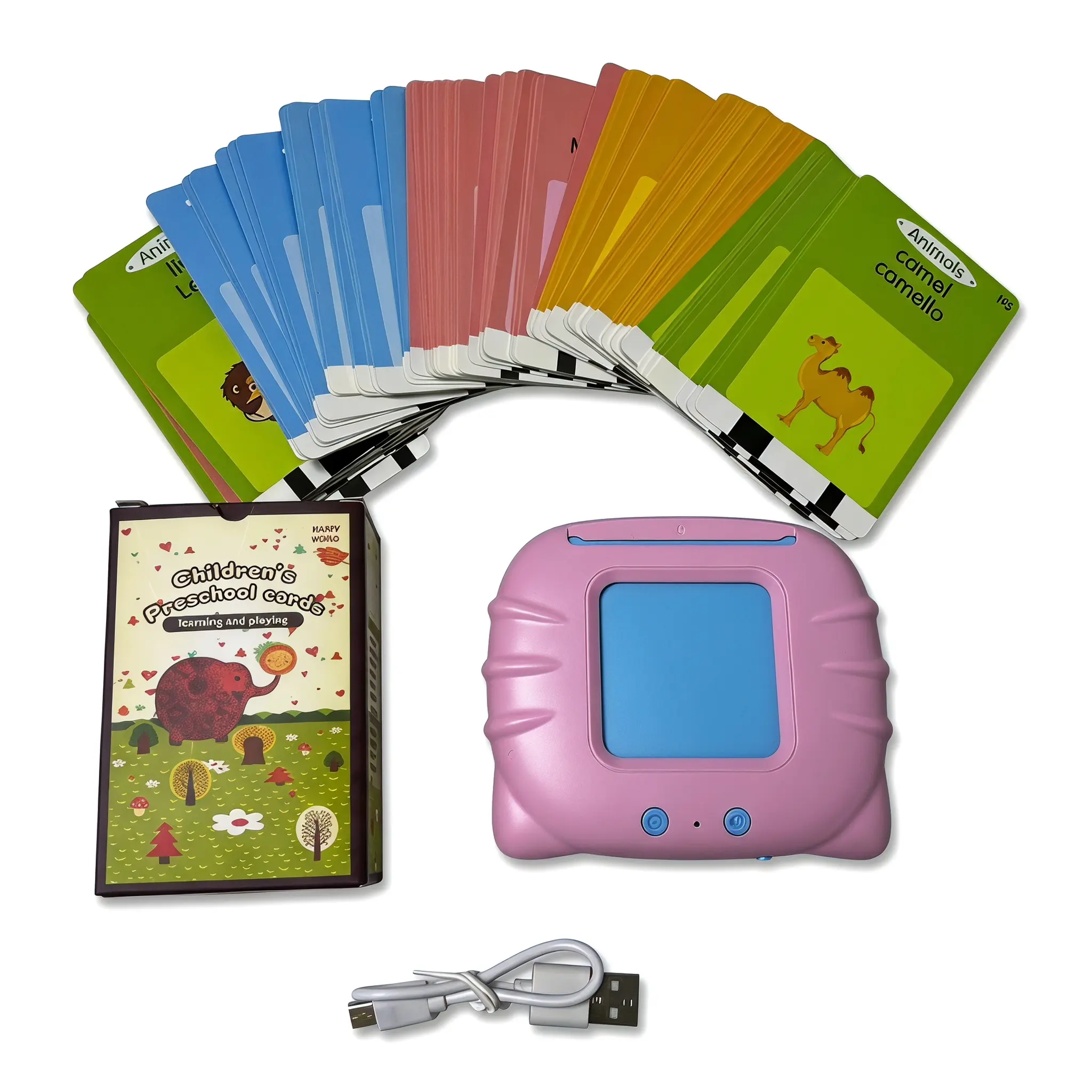 Bilingual Card Learning Machine for Kids Spanish English Educational Talking Learning Device with Rechargeable Battery Interactive Flashcards Early Learning Toy for Children Vehicles Animals Foods and More