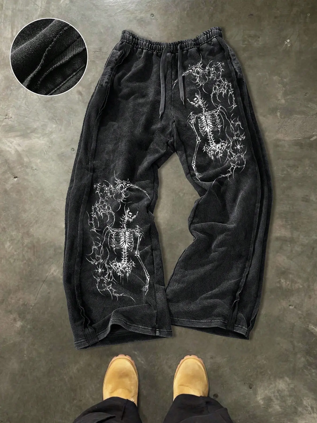 Men's Casual Loose Cotton Sports Pants, Knitted Sports Pants, Athleisure Pants, Skull Print, Street Style, Drawstring Waist, Long Pants, All Seasons, Ideal Gift, Knit Athletic Pants