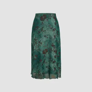Cider [3 colors, size 0-26] High Waist Mesh Floral Midi Skirt