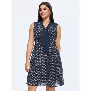 BLOOMCHIC Plus Size Geometric Print Ribbon Neckline Midi Dress [M-6X]2026 Summer Vibes Swimweek