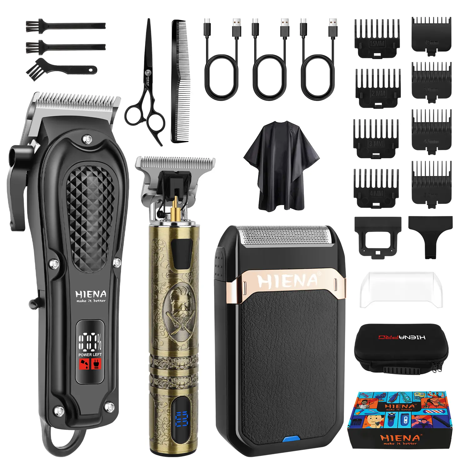 HIENA Professional Men's Hair Clippers, USB Rechargeable Cordless Hair Trimmer, Suitable for Barbers and Home Use, Hair Clipper and Shaver Set with LED Display, Mini Size, Easy to Use