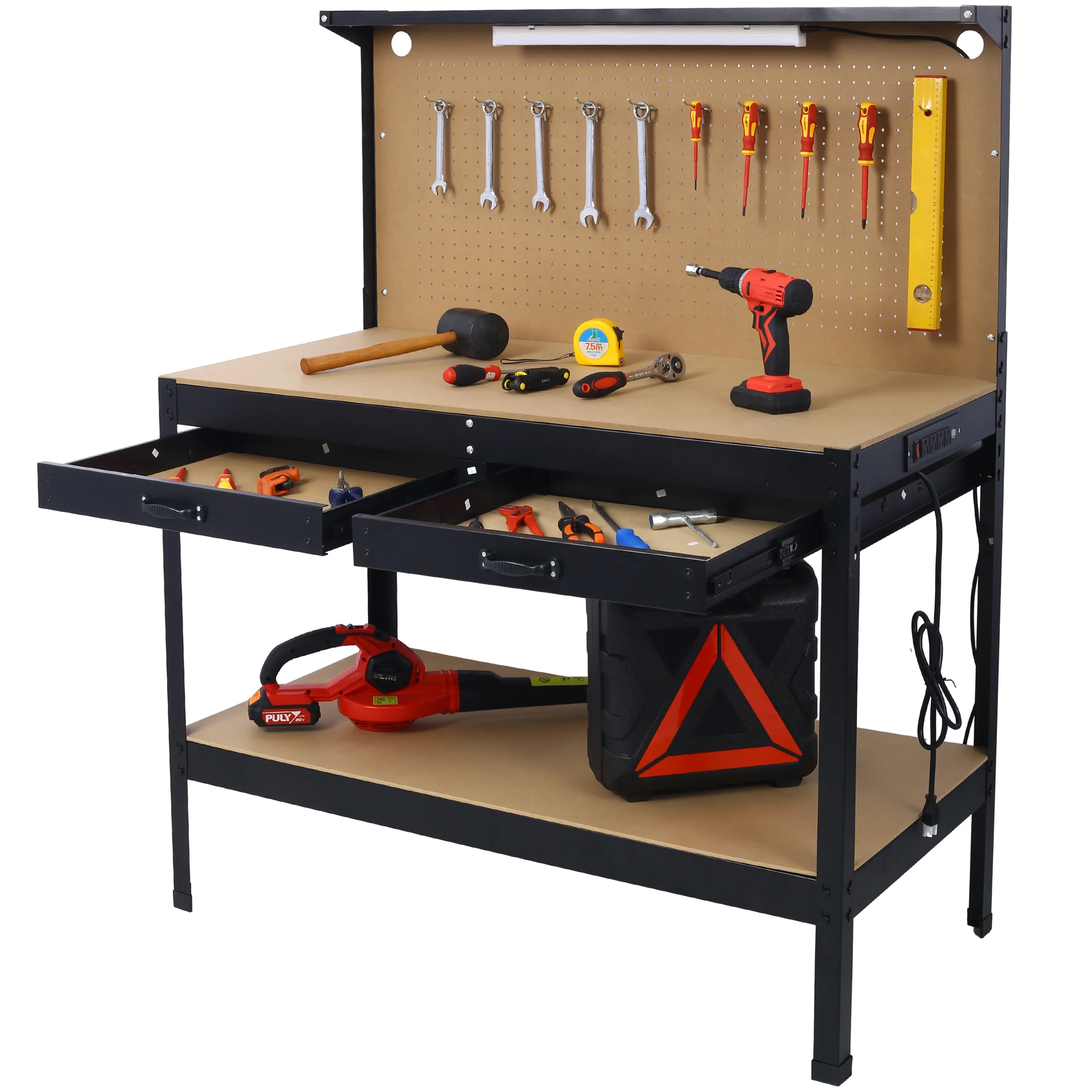Heavy-Duty Steel Workbench with Drawer, Peg Board, Power Outlet, Wheels & Brake-Lock Wheels, Garage Tool Storage Table, 4 AC Outlets, 2 USB Ports, 14W LED Light, 220 Lbs Capacity, Versatile for DIY Projects, Assembly Required