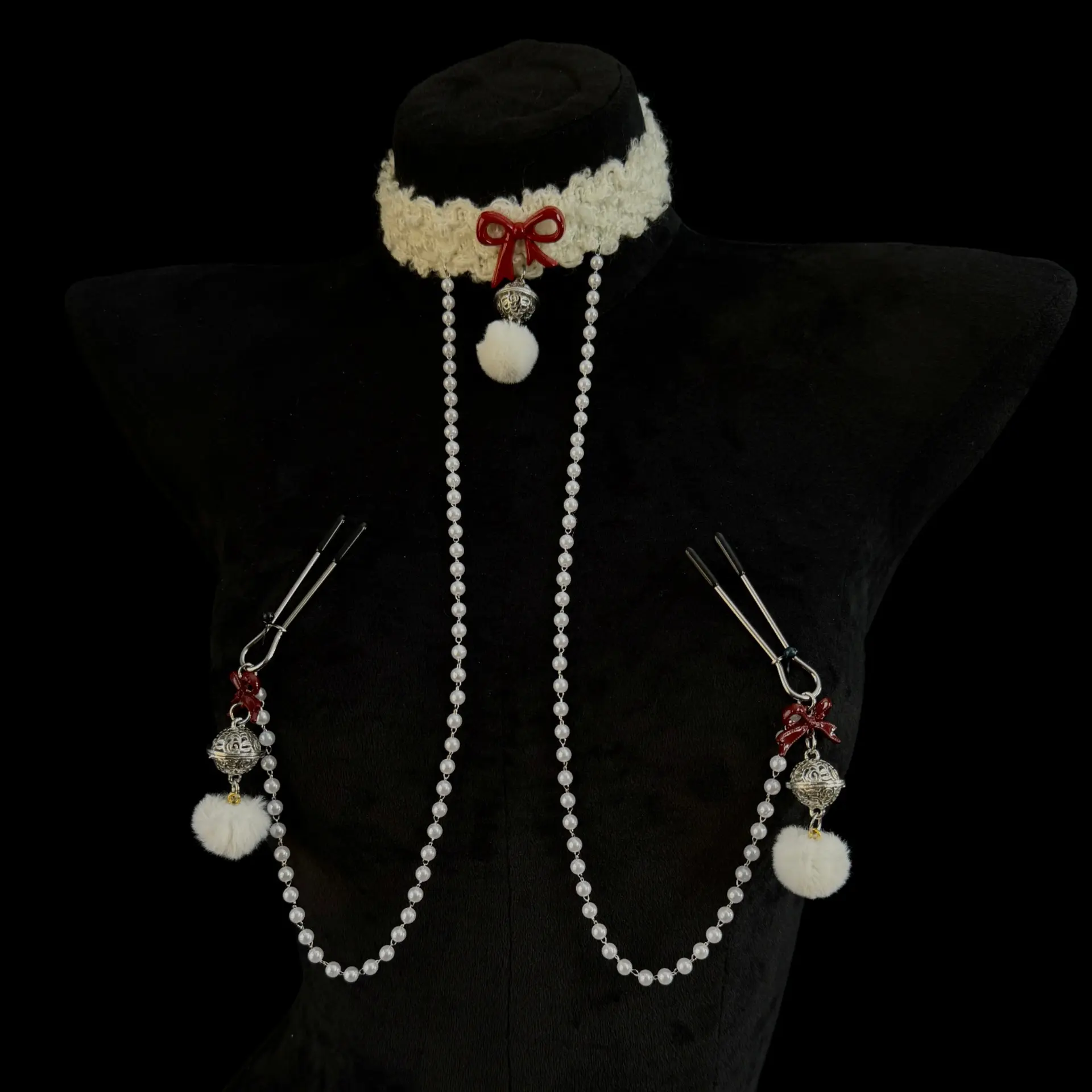 Fuzzy Collar & Body Chain Set with Bell Design Fashion Decor Jewelry
