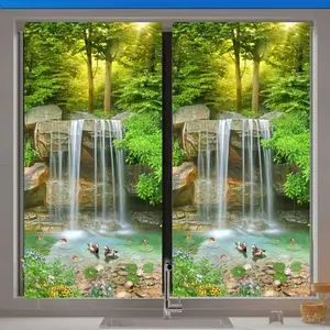 Anti-Spy Privacy Window Film with Frosted Effect, 5mm Thick Static Cling No-Glue Sticker, Forest & Waterfall Design, Home & Office Decor