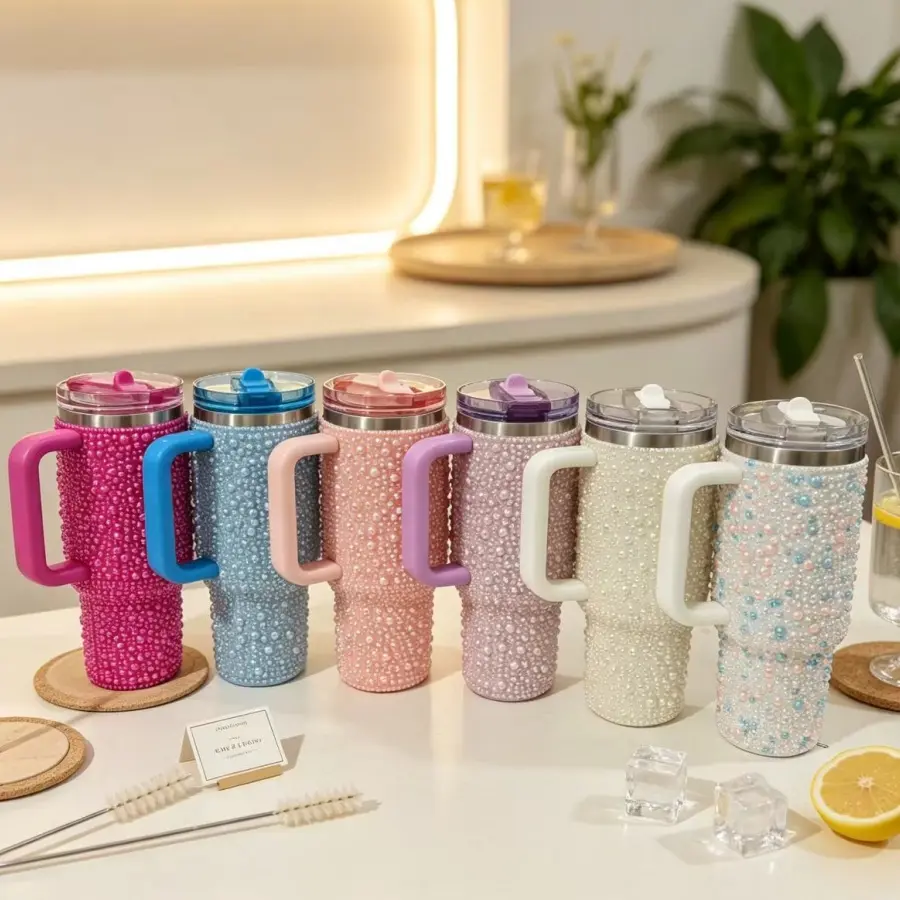 Aesthetic Pearl Bling 40 oz stainless steel insulated tumbler cup with handle and straw, cute sparkly pearl cover travel water mug, large-capacity thermal coffee cup for daily travel and parties, trendy girly gift
