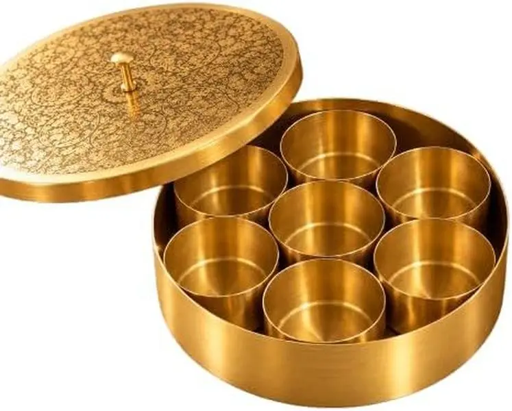Handmade Round Brass Masala Box - 7-Compartment Kitchen Organiser, Engraved Lid Kitchen Utensils Storage Container