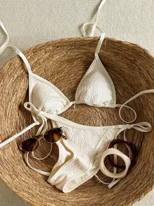 Olive Green & Beige Color Blocking Halter Thong Bikini Set, Sexy Vacation Swimwear