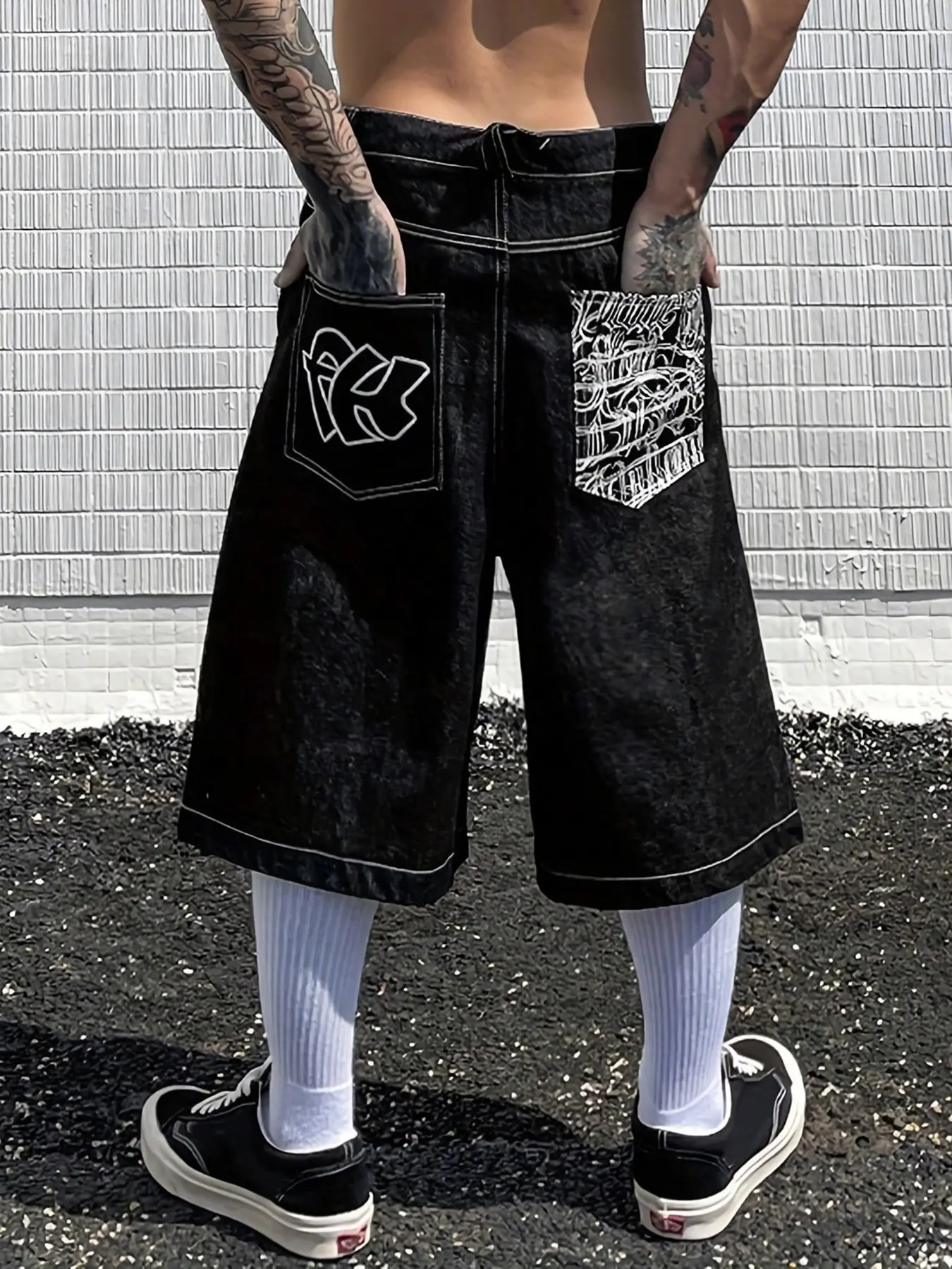 Summer Retro Vintage Wide Leg Cotton Denim Shorts, Colorblock Contrast Stitching Pocket Leaf Print, Casual Streetwear Skateboard Shorts