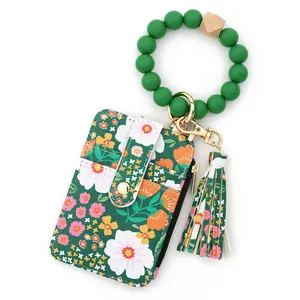 Beaded Keychain Wallet – Silicone Beaded Wristlet with Card Holder, Tassel & Key Ring, Black / Mint Green / Floral Dark Green