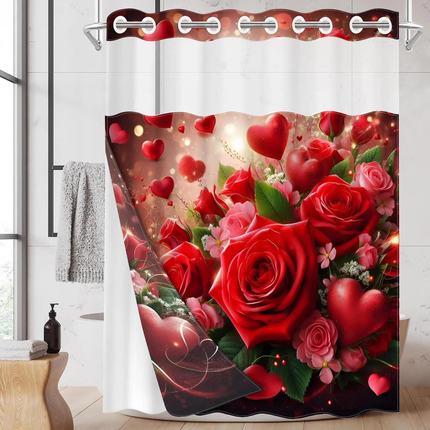 1PC 2D Flat Valentine's Day Heart and Floral Pattern Double-Layer Woven Shower Curtain (No Hooks), Decorative Shower Curtain, Transparent Top Window, Removable Lining with Clips, Bathroom Decor