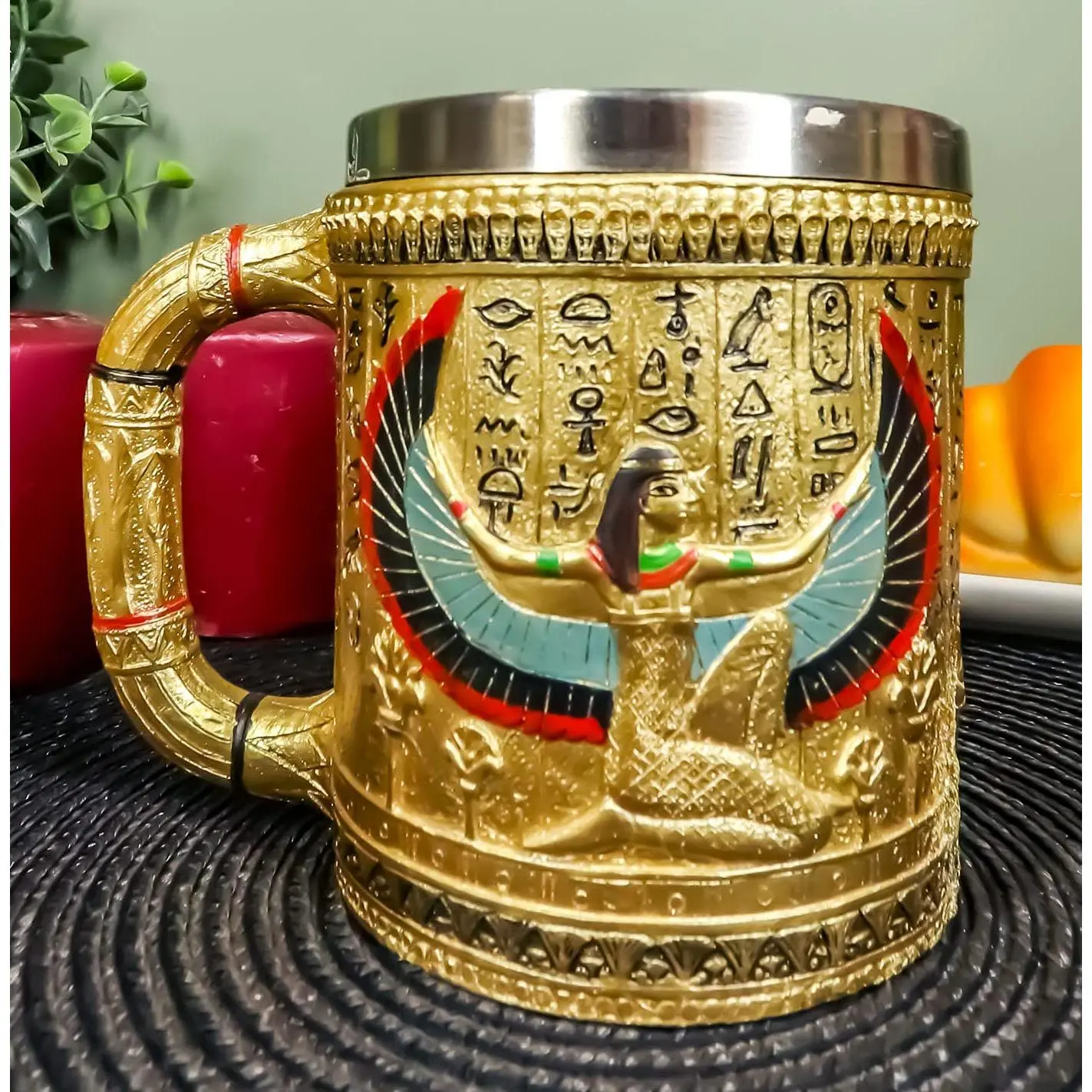 Ancient Egyptian Winged Isis Goddess Polished Painted Coffee Cup Mug Tumbler, 3.25in Diameter, 4.25in Tall, 5.25in Long Kitchen Drinkware