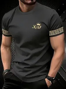 Men's Luxury Crown Graphic Letter Print Short Sleeve T-Shirt, Colorblock Sleeves, Breathable, Casual Style, Daily Commute Business Wear, Menswear