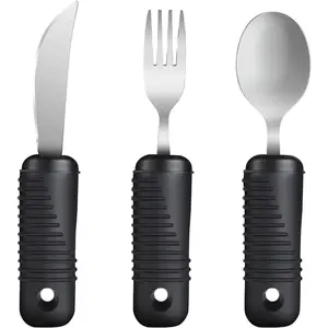 Adaptive Utensils, Easy Grip Silverware, Built-Up Fork, Spoon and Rocker Knife For Adults,Elderly,People with Arthritis,Tremors and Parkinsons, 3 Piece Set