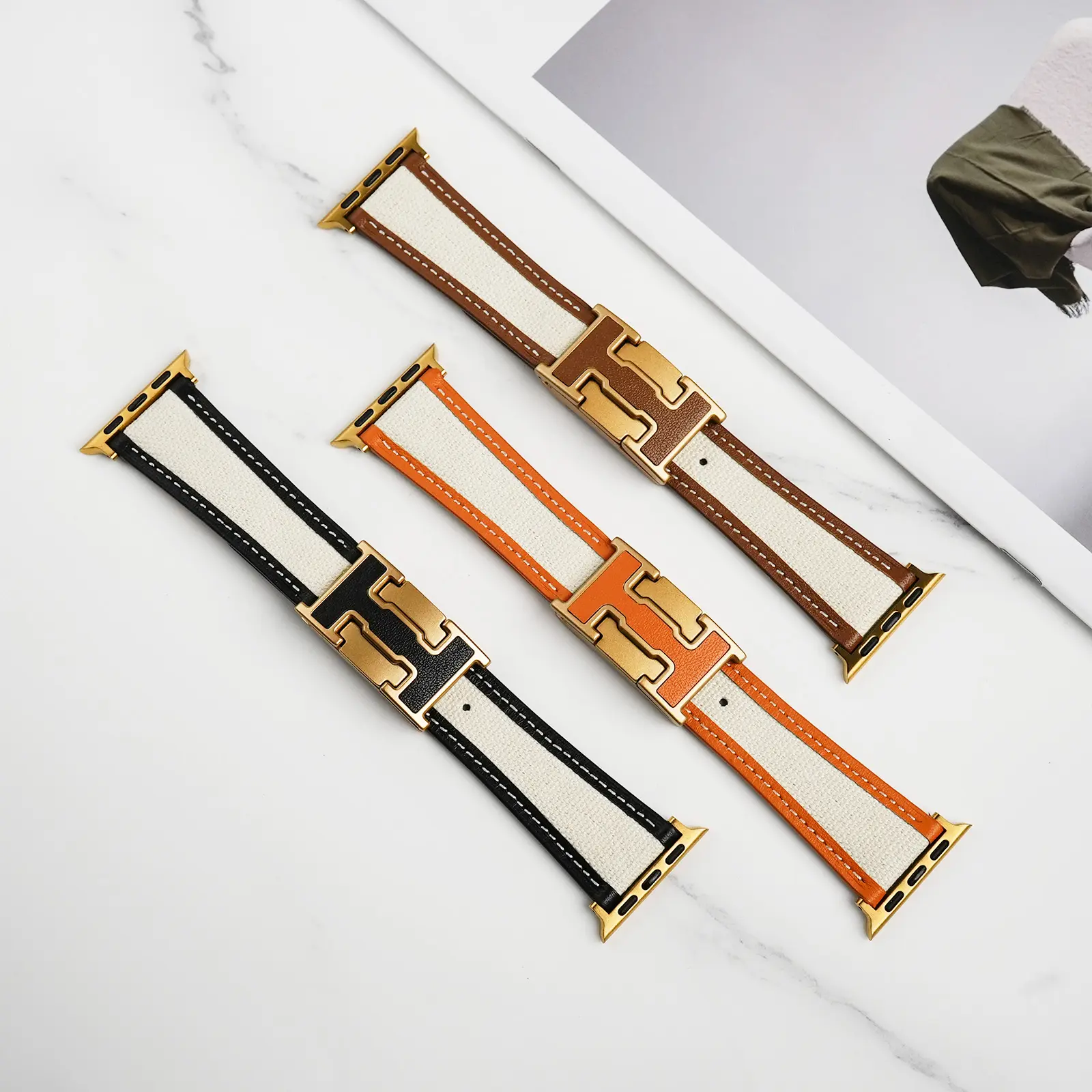 CRAZYGRASS Elegant Fusion Leather & Canvas Magnetic Watch Band for Women Adjustable Strap for 38-49mm Smart Watch Strap Compatibie Bands Suitable For Apple Watch Series 1- 11 SE Uitra for Girl Adjustable Strap Wristband mothersdaygift [Watch Not Included]