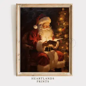 Santa Claus Christmas Wall Art – Dark Academia Holiday Decor – Checking His List Print – Winter Room Unframed Decoration