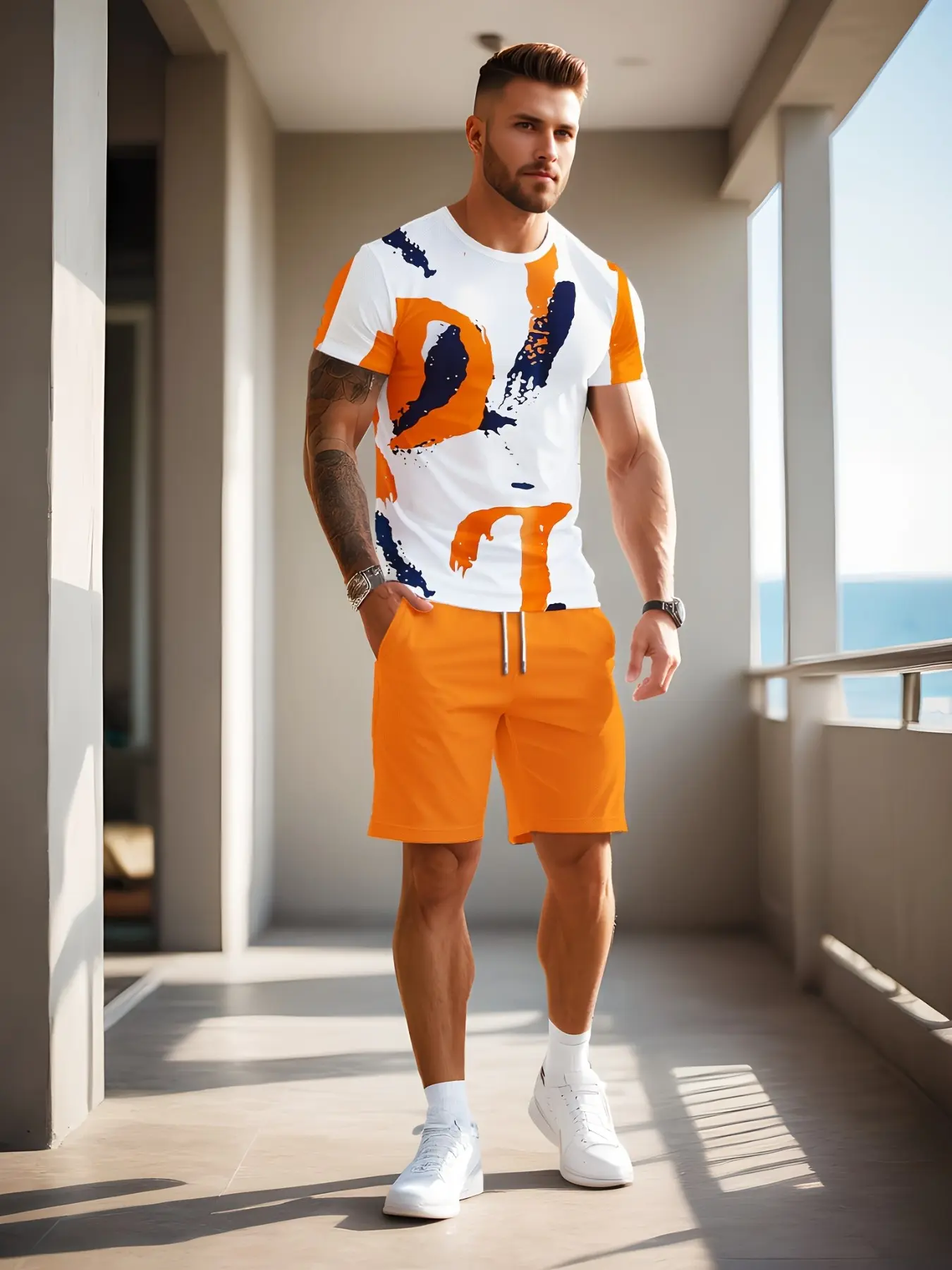 Street style splash ink number men's top & shorts, orange white color block trendy summer two-piece