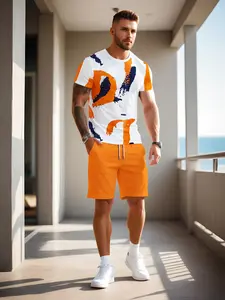 Street style splash ink number men's top & shorts, orange white color block trendy summer two-piece
