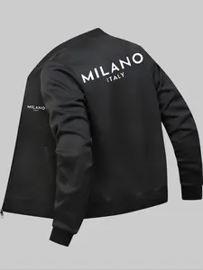 Men's Letter Print Zip Up Casual Fashion Jacket, Regular Fit Casual Long Sleeve Mock Neck Outerwear for Fall & Winter, Men's Clothes for Daily Wear