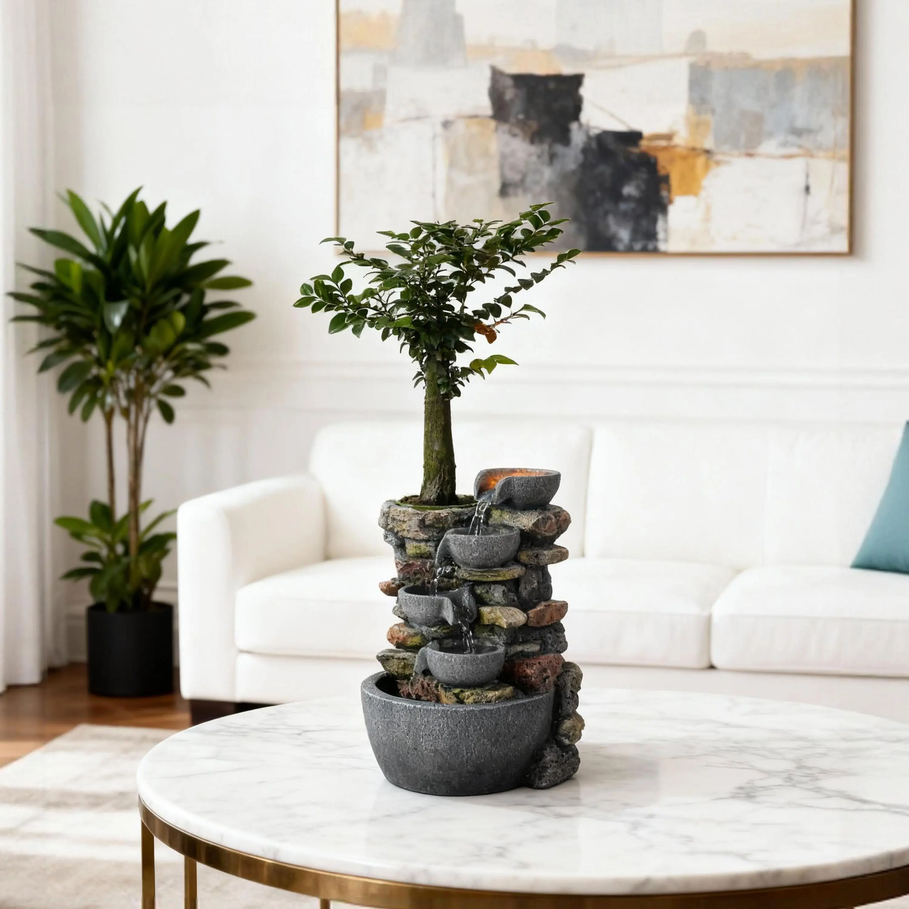 Tabletop Fountain 4-Bowl Rockery Soothing Sound Indoor Fountain Zen Desktop Fountain for Relaxation Home Decor Accessory Interior Decoration Accessories Plants Lightweight