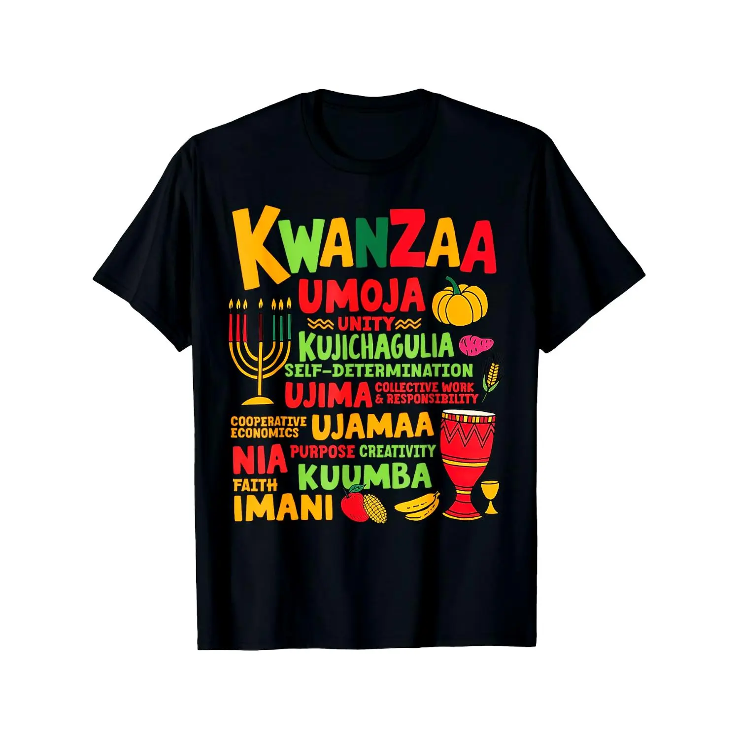 Mens Kwanzaa Kinara Candles Cotton T-Shirt - African Heritage Cultural Celebration Soft Breathable Crew Neck Short Sleeve Top with Kinara for All Season Casual Wear and Kwanzaa Festivities Machine Washable