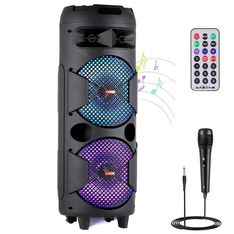 DAZONE Portable Bluetooth Speaker – Rechargeable Speaker with Deep Bass, 2x 8-in Plastic Subwoofers, Microphone, Remote Control, AUX Cable, FM Radio, LED Lights, MicroSD Slot for Indoor-Outdoor Parties, Wireless Audio
