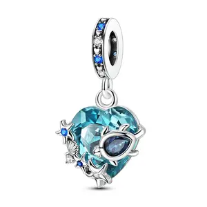 MULA Heart of the Ocean Sea Turtle and Starfish S925 Sterling Silver Pendant with Blue Glass and CZ Crystal, a perfect ocean gift for women and girls, compatible with Pandora bracelets and necklaces