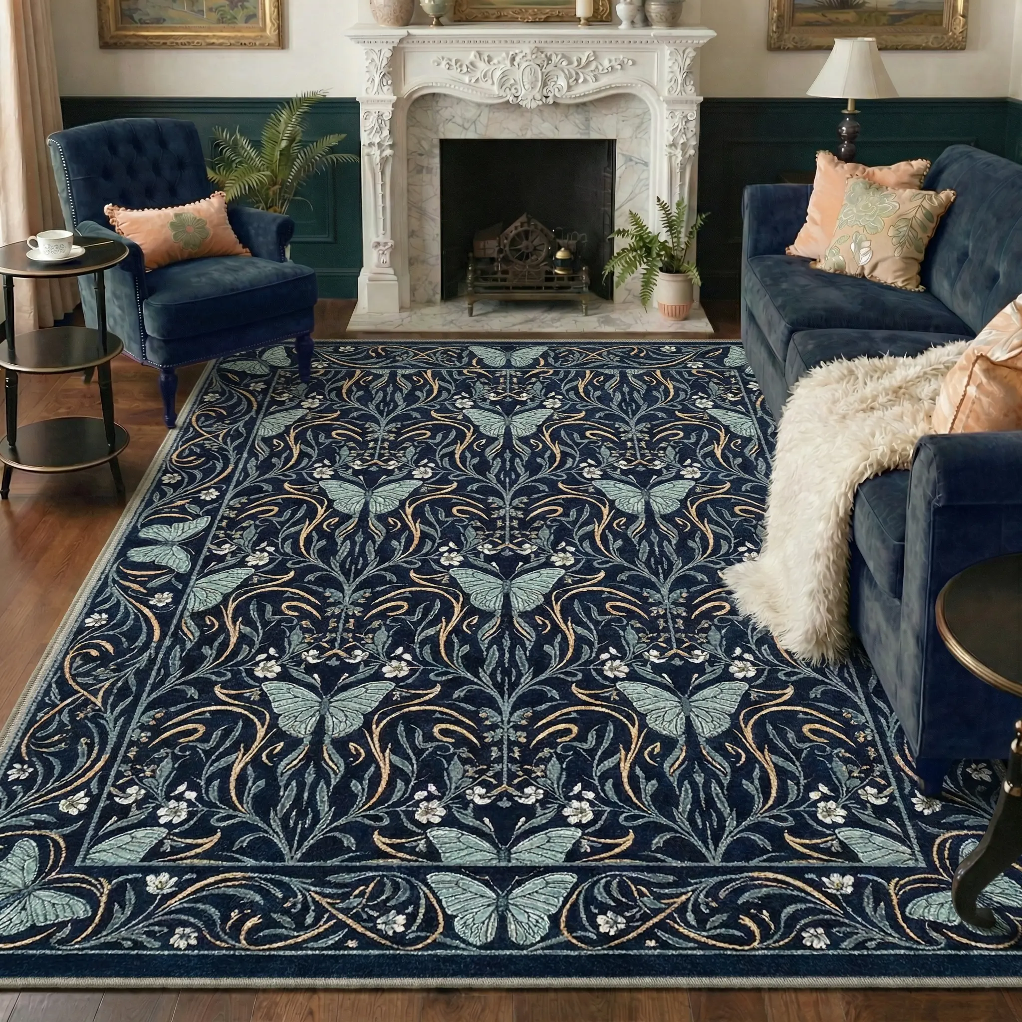 【Back To School】GENIMO Navy Blue Butterfly Flower Botanical Area Rug, Vintage Design Soft Low-Pile Non-Slip Living Room Carpet, Kid-Friendly Washable Accent Rug for Bedroom Home Decor, Flower Area Rugs, Botanical Area Rugs